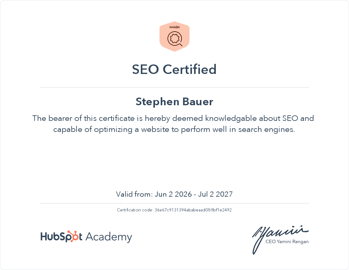 HubSpot Academy SEO Certification awarded to Stephen — gbfm.dev